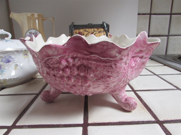 DECORATIVE PURSE COOKIE JAR, VINTAGE TUREEN, NEW APPLE TEAPOT & LEUCHTENBURG PITCHER