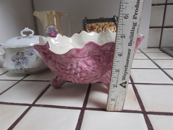 DECORATIVE PURSE COOKIE JAR, VINTAGE TUREEN, NEW APPLE TEAPOT & LEUCHTENBURG PITCHER