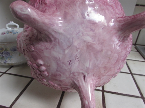 DECORATIVE PURSE COOKIE JAR, VINTAGE TUREEN, NEW APPLE TEAPOT & LEUCHTENBURG PITCHER