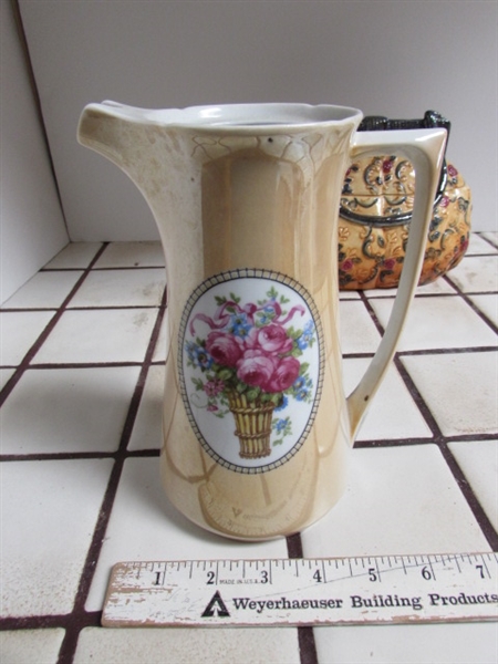 DECORATIVE PURSE COOKIE JAR, VINTAGE TUREEN, NEW APPLE TEAPOT & LEUCHTENBURG PITCHER