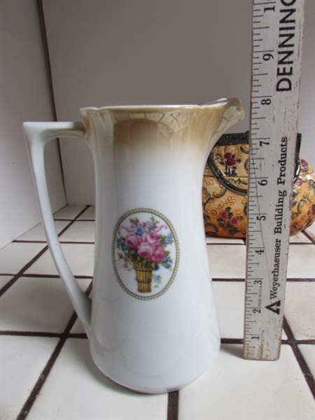 DECORATIVE PURSE COOKIE JAR, VINTAGE TUREEN, NEW APPLE TEAPOT & LEUCHTENBURG PITCHER