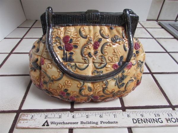 DECORATIVE PURSE COOKIE JAR, VINTAGE TUREEN, NEW APPLE TEAPOT & LEUCHTENBURG PITCHER