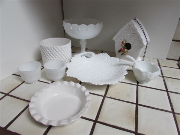 ASSORTMENT OF MILK GLASS, CERAMIC BIRDHOUSE AND PLANTER