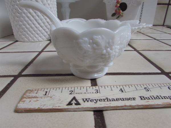 ASSORTMENT OF MILK GLASS, CERAMIC BIRDHOUSE AND PLANTER