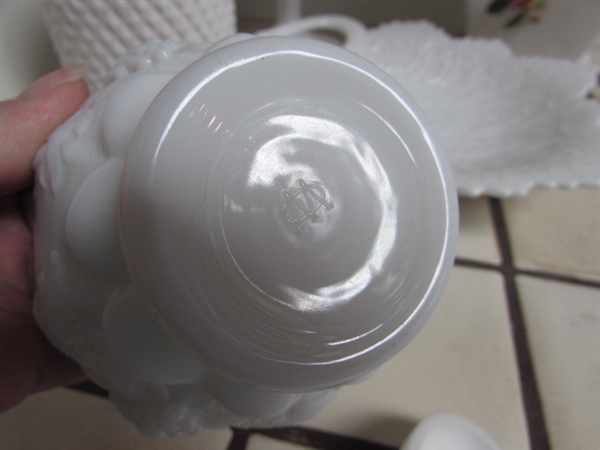 ASSORTMENT OF MILK GLASS, CERAMIC BIRDHOUSE AND PLANTER