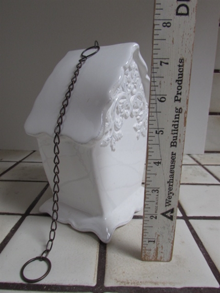 ASSORTMENT OF MILK GLASS, CERAMIC BIRDHOUSE AND PLANTER