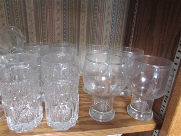 LARGE VARIETY OF GLASSWARE INCLUDING VINTAGE TUMBLERS, PRINCESS HOUSE CRYSTAL AND MORE