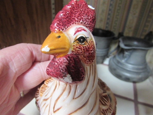 VINTAGE SILVERPLATE CREAMER, SALT & PEPPER SHAKERS, CERAMIC ROOSTERS, BRASS BULL HEAD SKEWERS & VINTAGE ROLY POLY GLASS PITCHER W/ONE GLASS