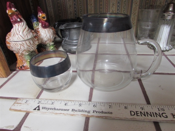VINTAGE SILVERPLATE CREAMER, SALT & PEPPER SHAKERS, CERAMIC ROOSTERS, BRASS BULL HEAD SKEWERS & VINTAGE ROLY POLY GLASS PITCHER W/ONE GLASS