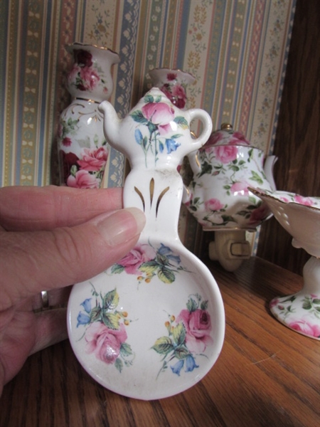 QUEEN BESS CHINA MINI TEA COLLECTION W/TWO CANDLESTICK HOLDERS