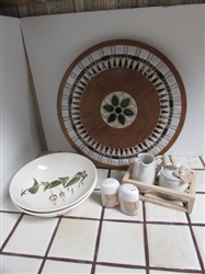 VINTAGE SALON PRIMROSE BOWLS, LARGE TILE TRIVET, TOOTHPICK HOLDERS AND STONEWARE CREAM AND SUGAR