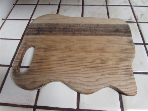 VINTAGE CARVING BOARD, CUTTING BOARDS AND WOODEN SPOONS