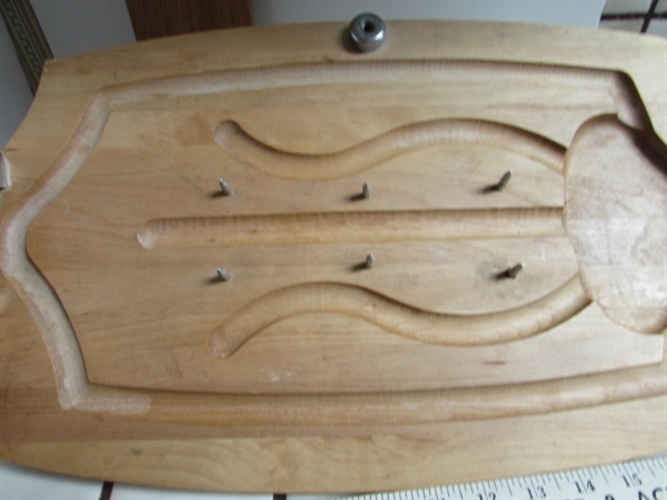 VINTAGE CARVING BOARD, CUTTING BOARDS AND WOODEN SPOONS