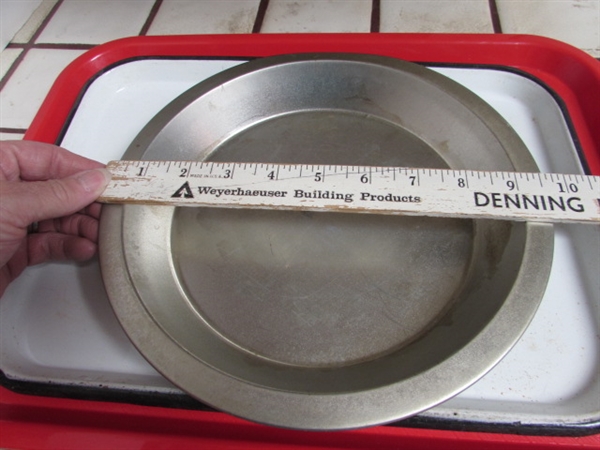 PAMPERED CHEF BAKING STONE, ENAMEL COOKIE SHEET, SERVING TRAY AND PIE PLATE
