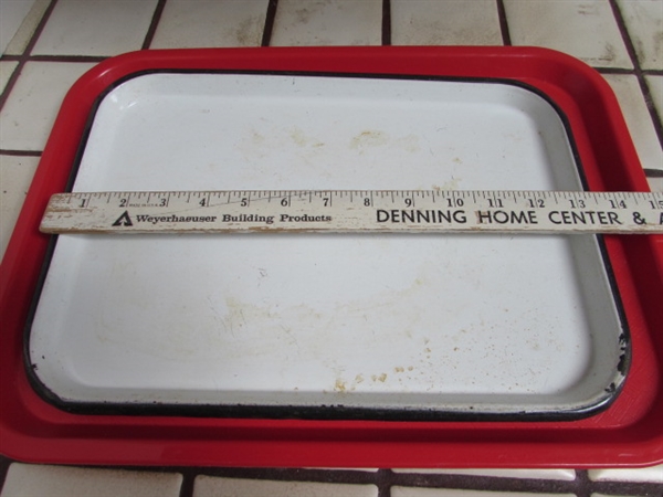 PAMPERED CHEF BAKING STONE, ENAMEL COOKIE SHEET, SERVING TRAY AND PIE PLATE
