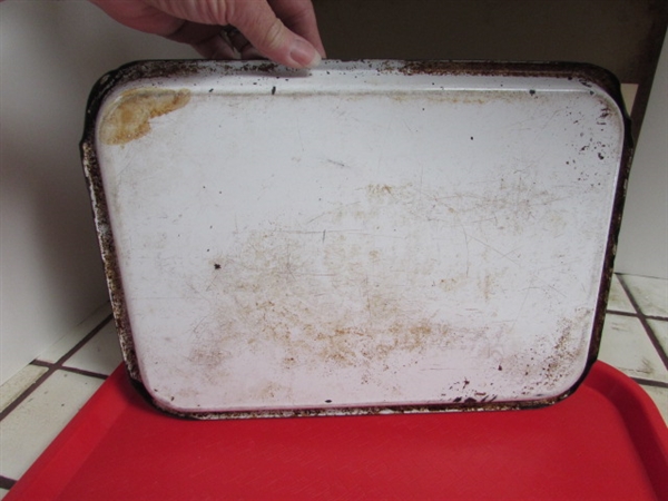 PAMPERED CHEF BAKING STONE, ENAMEL COOKIE SHEET, SERVING TRAY AND PIE PLATE