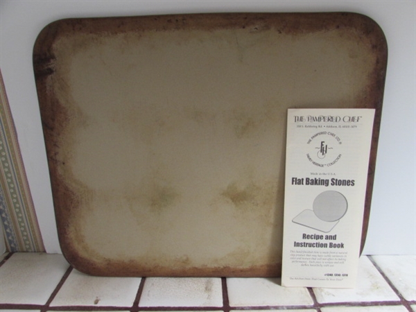 PAMPERED CHEF BAKING STONE, ENAMEL COOKIE SHEET, SERVING TRAY AND PIE PLATE