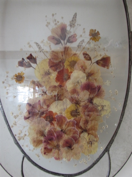 PRESSED FLORAL, LEADED GLASS HANGING WINDOW PANEL