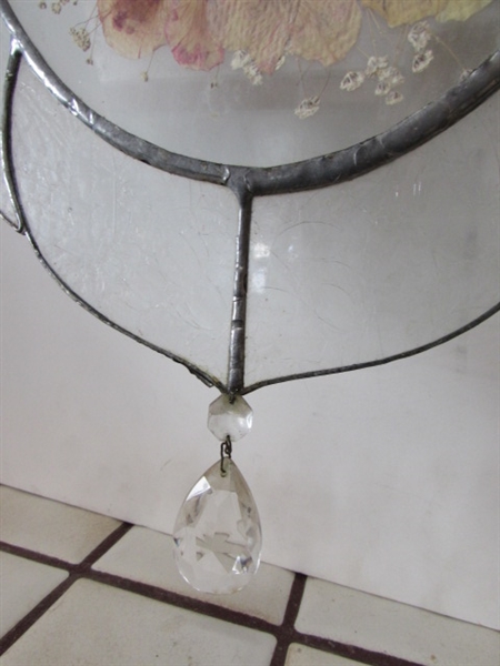 PRESSED FLORAL, LEADED GLASS HANGING WINDOW PANEL