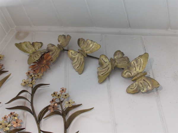 VINTAGE BRASS TONE DECORATIVE HAMMERED PLATES, FLORAL & BUTTERFLIES WALL DECOR