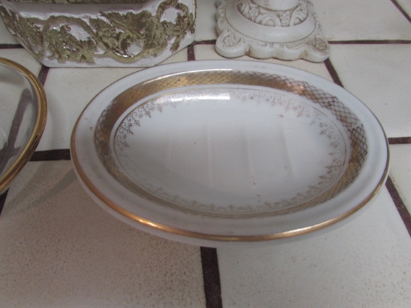 WHITE & GOLD TONE TEAPOT VASE, SOAP DISH, CANDLE HOLDER