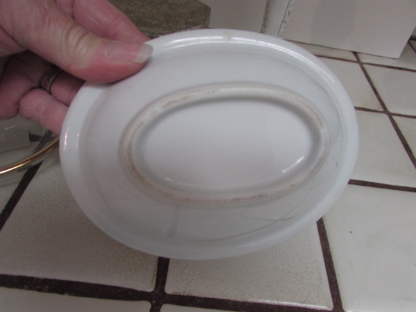 WHITE & GOLD TONE TEAPOT VASE, SOAP DISH, CANDLE HOLDER