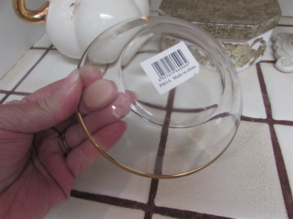 WHITE & GOLD TONE TEAPOT VASE, SOAP DISH, CANDLE HOLDER