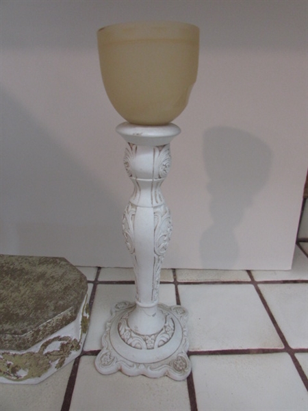 WHITE & GOLD TONE TEAPOT VASE, SOAP DISH, CANDLE HOLDER