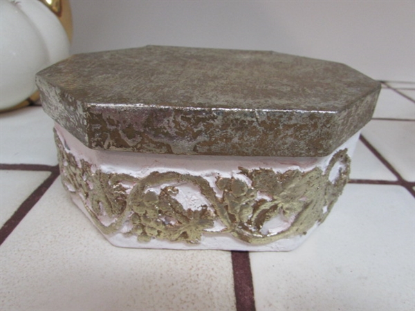 WHITE & GOLD TONE TEAPOT VASE, SOAP DISH, CANDLE HOLDER