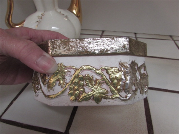 WHITE & GOLD TONE TEAPOT VASE, SOAP DISH, CANDLE HOLDER