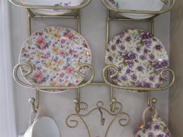 CHINA TEA CUP DISPLAY AND TEA CUPS