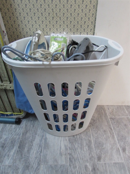 IRONING BOARD, CLOTHES HANGERS, IRON AND STEAMER