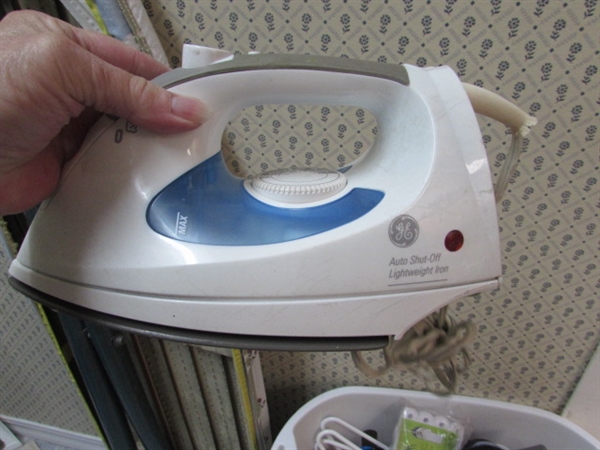 IRONING BOARD, CLOTHES HANGERS, IRON AND STEAMER