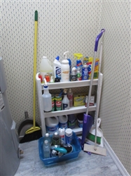 CLEANING SUPPLIES AND UTILITY CART