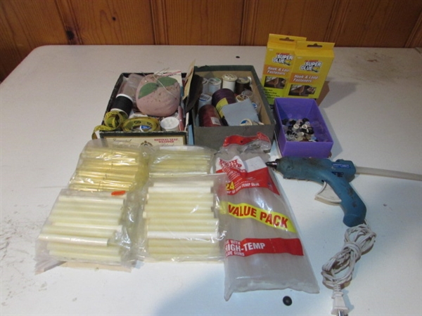 SEWING SUPPLIES AND GLUE GUN WITH STICKS