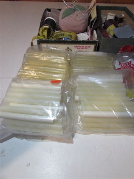 SEWING SUPPLIES AND GLUE GUN WITH STICKS