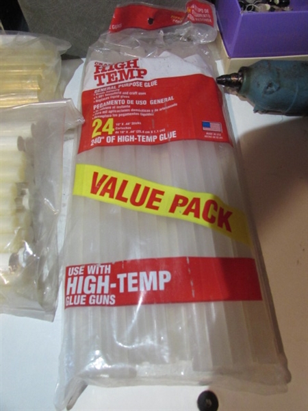 SEWING SUPPLIES AND GLUE GUN WITH STICKS