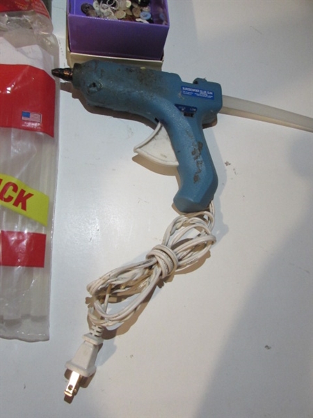 SEWING SUPPLIES AND GLUE GUN WITH STICKS