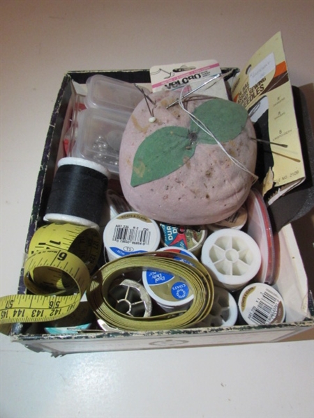 SEWING SUPPLIES AND GLUE GUN WITH STICKS