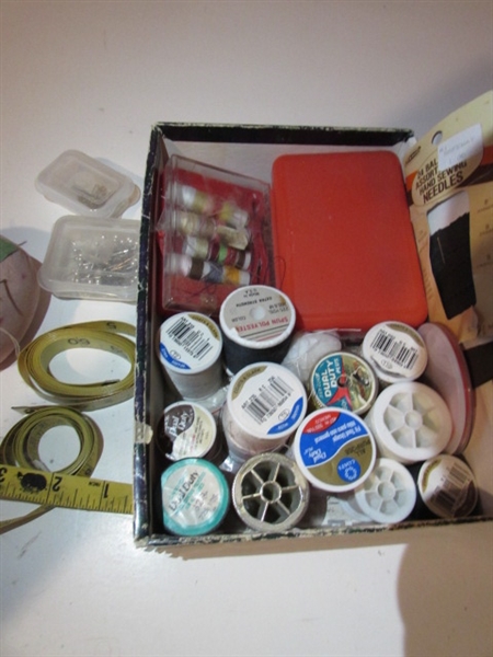 SEWING SUPPLIES AND GLUE GUN WITH STICKS