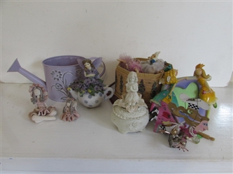 FAIRIES ORNAMENTS,ON FRAMES AND TEAPOTS, LAVENDER WATERING CAN AND MORE
