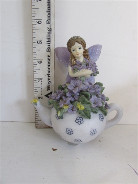FAIRIES ORNAMENTS,ON FRAMES AND TEAPOTS, LAVENDER WATERING CAN AND MORE