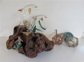 BURLWOOD AND GLASS BLOWN DOLPHINS