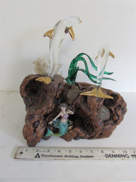 BURLWOOD AND GLASS BLOWN DOLPHINS