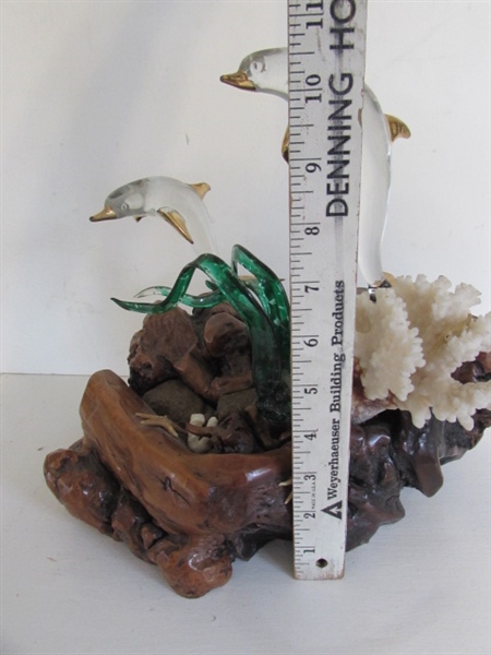 BURLWOOD AND GLASS BLOWN DOLPHINS