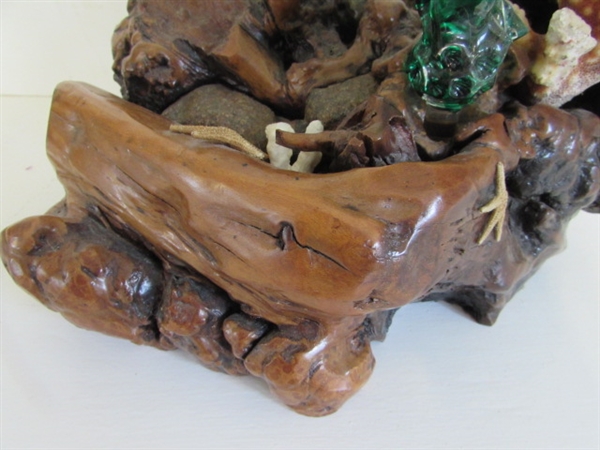 BURLWOOD AND GLASS BLOWN DOLPHINS
