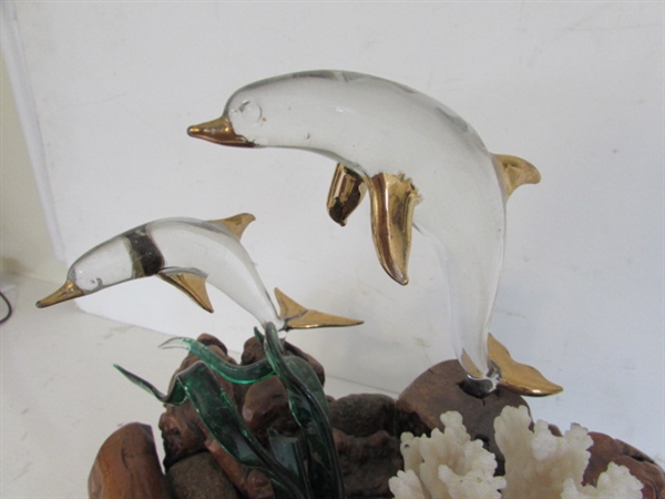 BURLWOOD AND GLASS BLOWN DOLPHINS