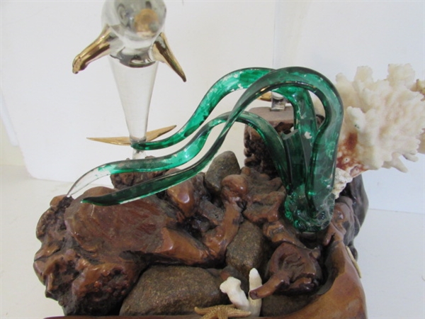BURLWOOD AND GLASS BLOWN DOLPHINS