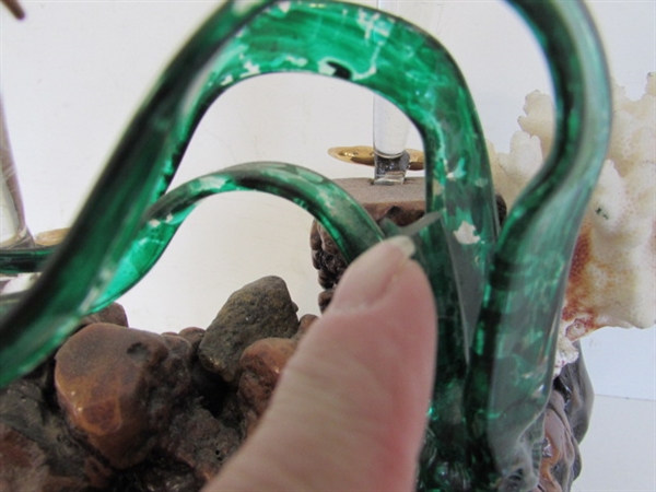 BURLWOOD AND GLASS BLOWN DOLPHINS