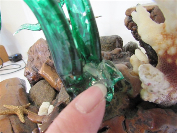 BURLWOOD AND GLASS BLOWN DOLPHINS